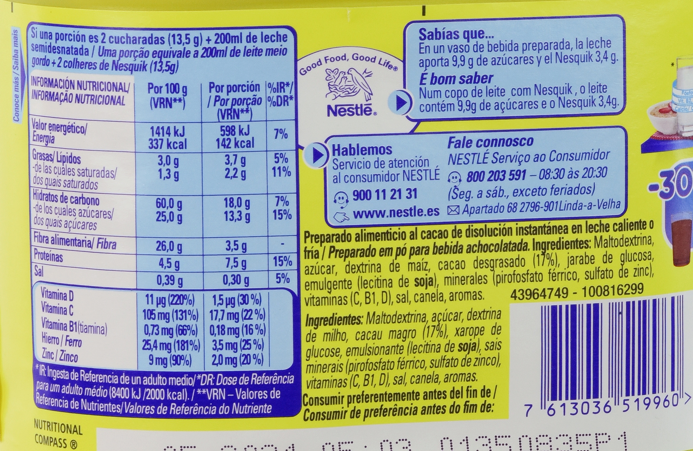 NESTLÉ NESQUIK 30% MENOS DE AZÚCAR