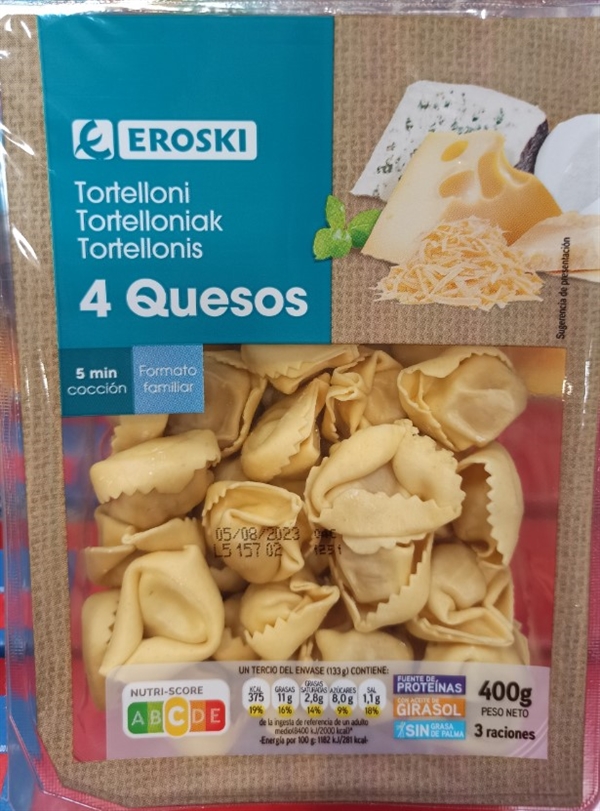 Pasta EROSKI TORTELLONI 4 QUESOS FAMILIAR todos los detalles